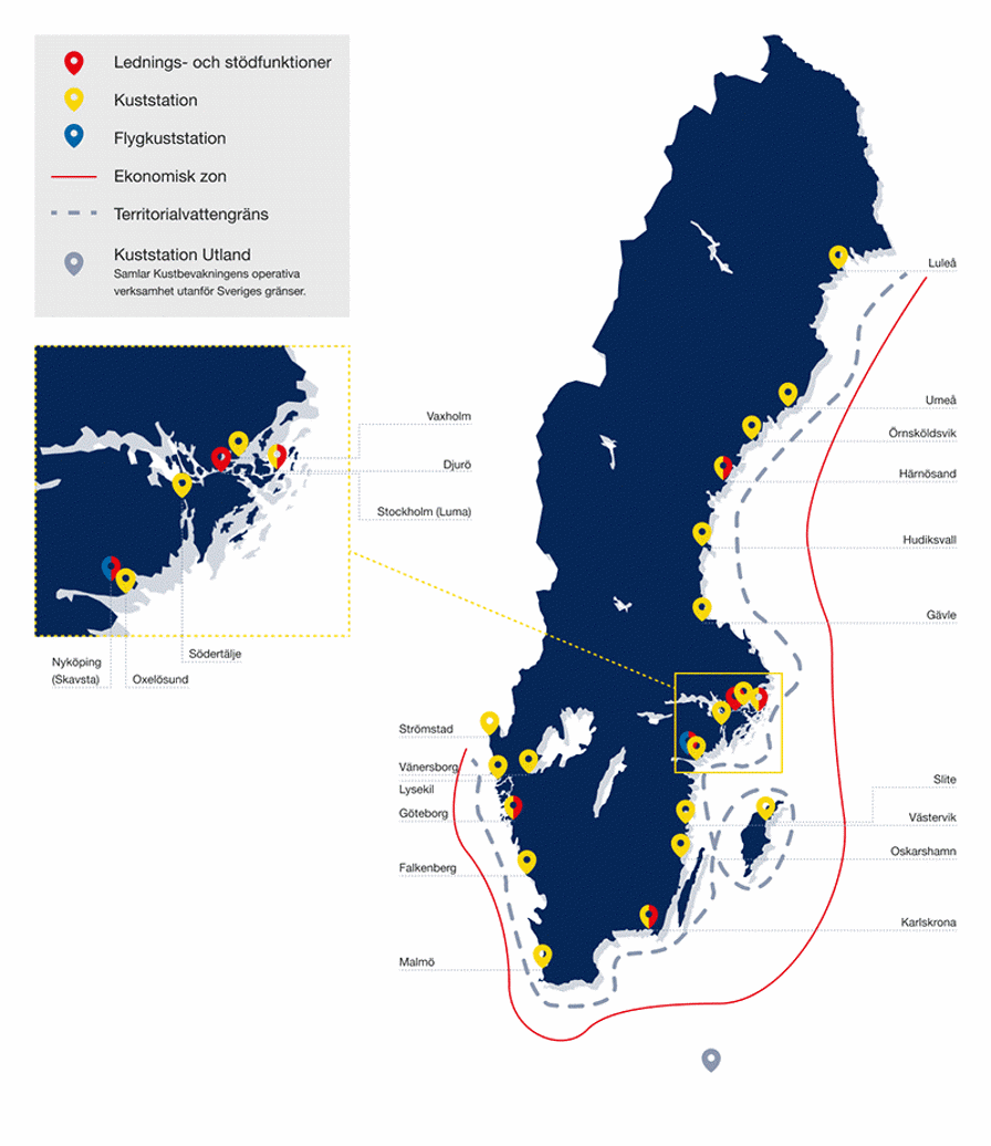En karta över Sverige där det framgår var Kuststationerna är placerade.